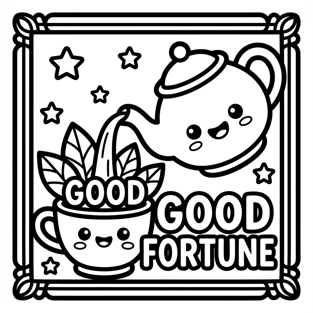 Teapot pouring good fortune into a cup, a wonderful bold line coloring pages design.